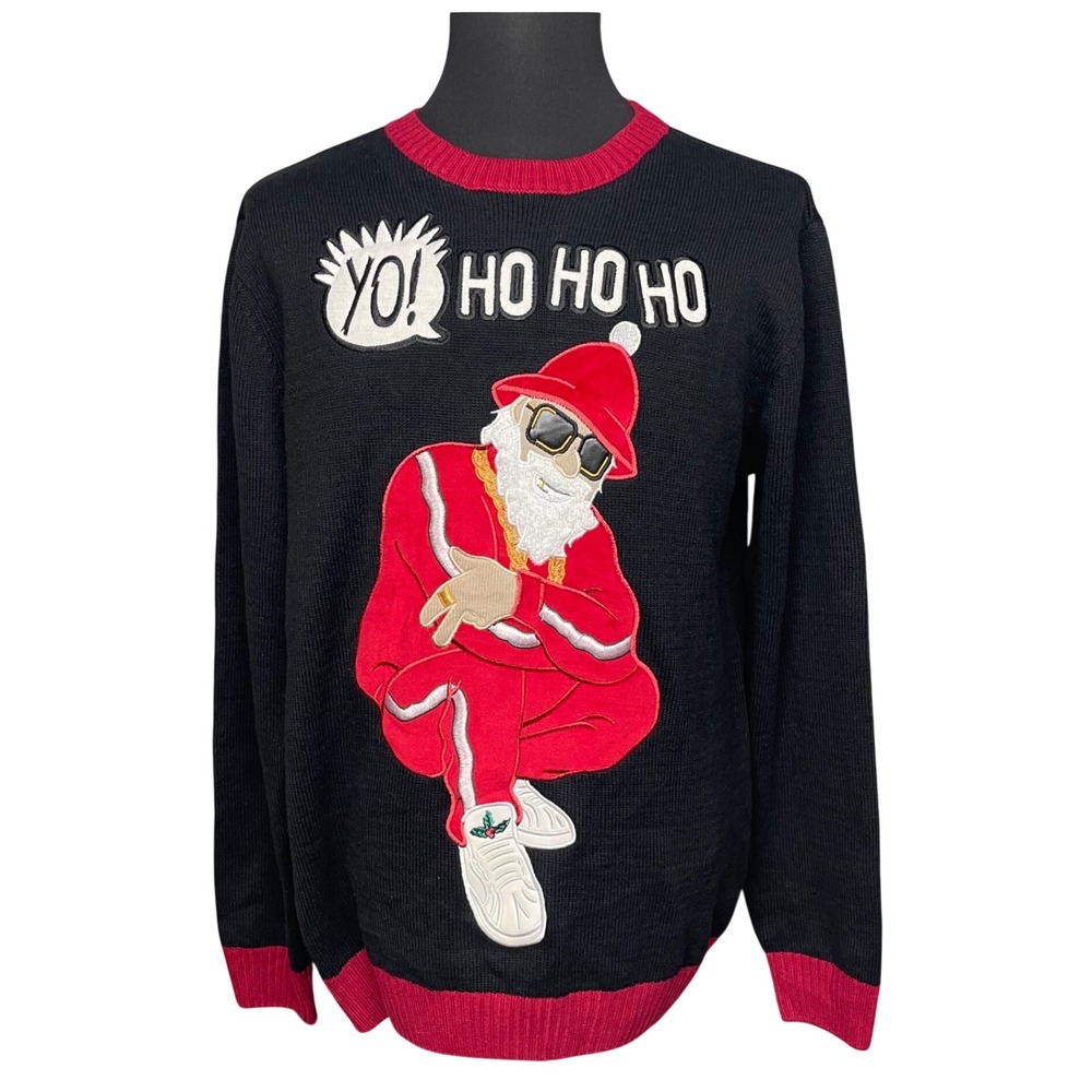 Ugly Christmas Sweater Mens XL Black Hip Hop Santa Yo Ho Ho Ho Holiday B-Boy